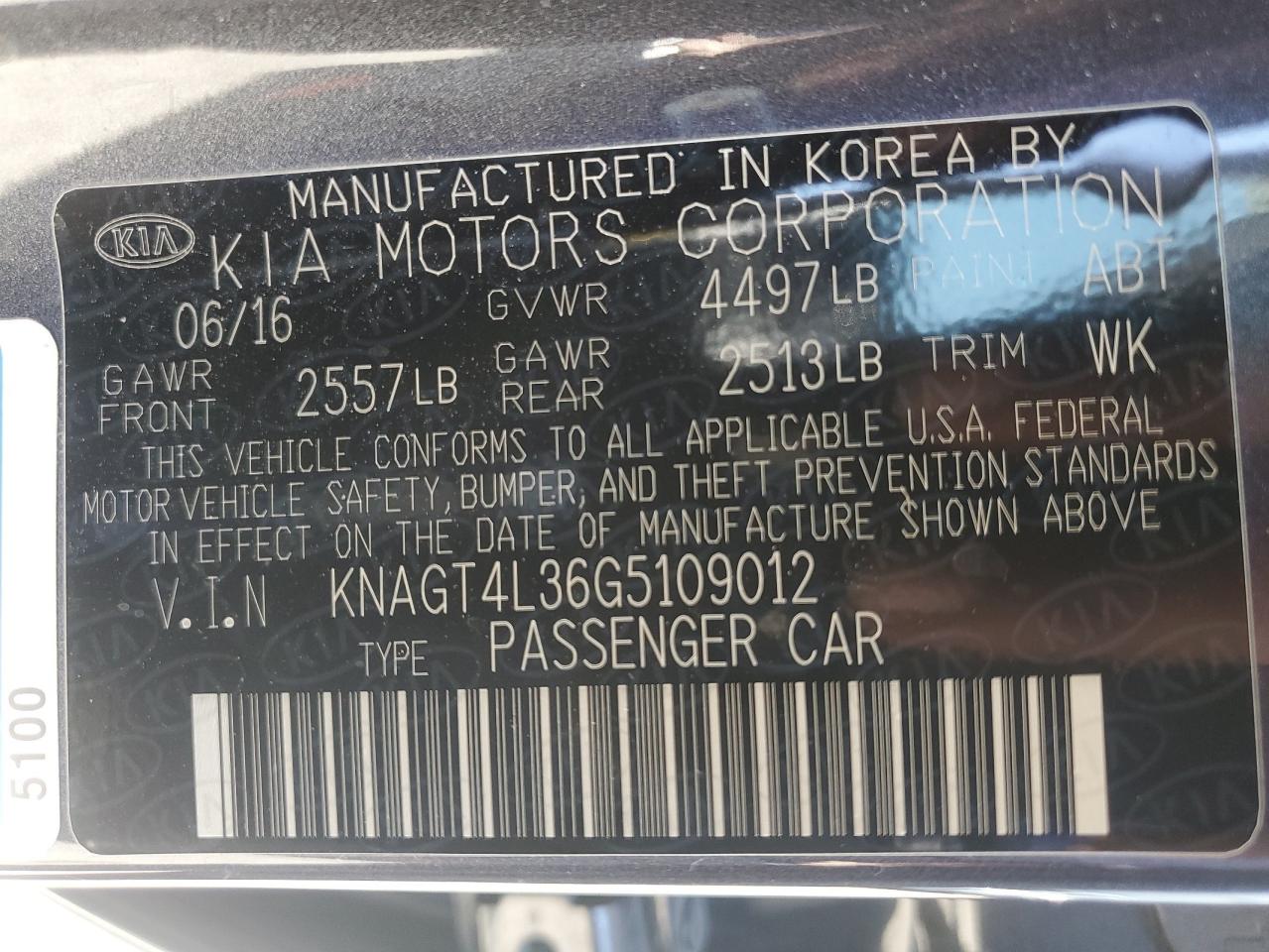 KNAGT4L36G5109012 2016 Kia Optima Lx