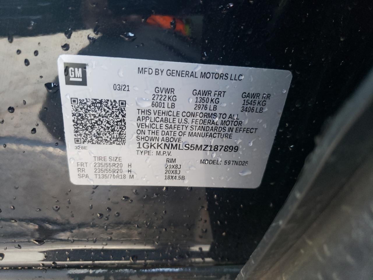 2021 GMC Acadia Slt VIN: 1GKKNMLS5MZ187899 Lot: 58991374