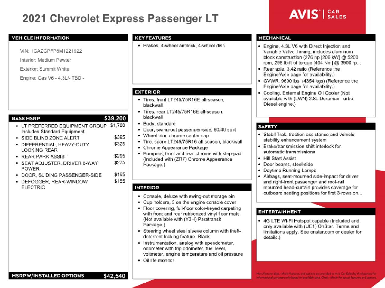 1GAZGPFP8M1221922 2021 Chevrolet Express G3500 Lt