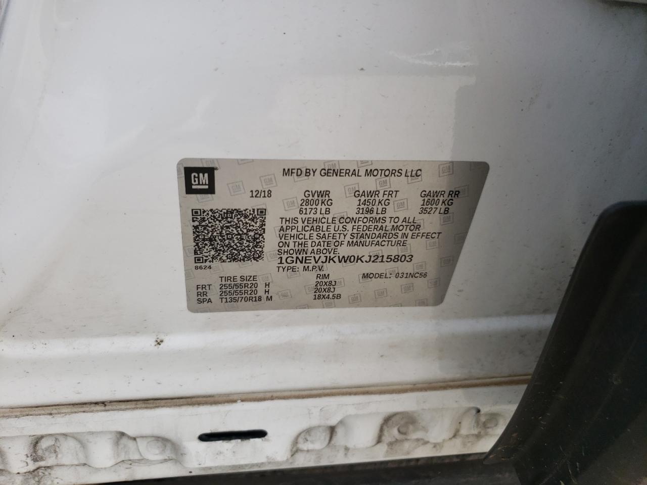 1GNEVJKW0KJ215803 CHEVROLET TRAVERSE 2019