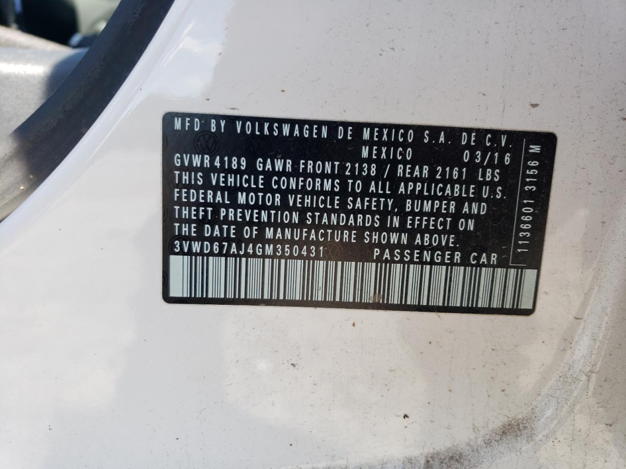 2016 Volkswagen Jetta Se VIN: 3VWD67AJ4GM350431 Lot: 58161294