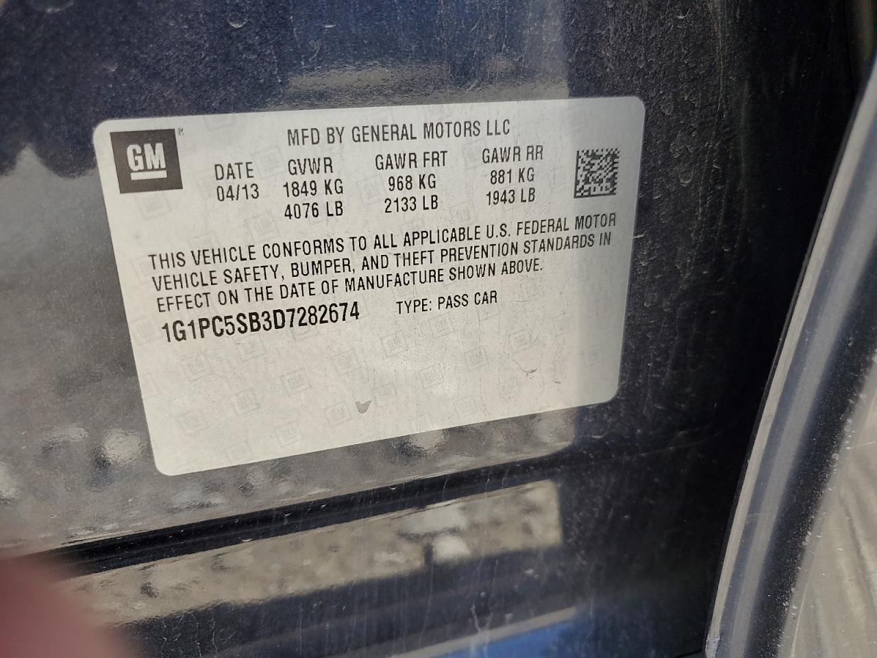 2013 Chevrolet Cruze Lt VIN: 1G1PC5SB3D7282674 Lot: 57905524