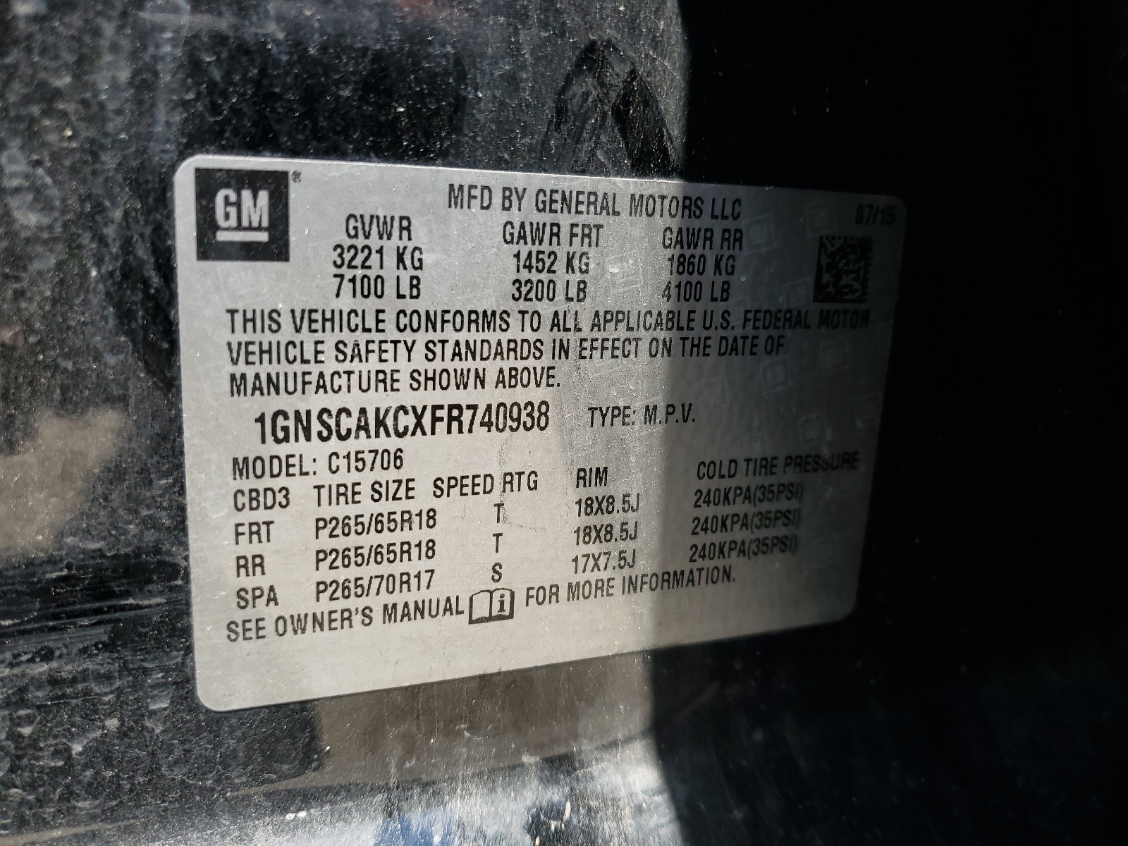 1GNSCAKCXFR740938 2015 Chevrolet Tahoe C1500 Ls