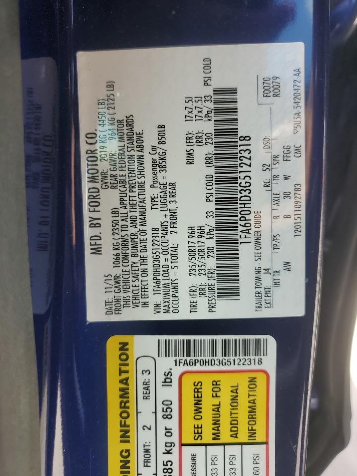 2016 Ford Fusion Se VIN: 1FA6P0HD3G5122318 Lot: 60846344