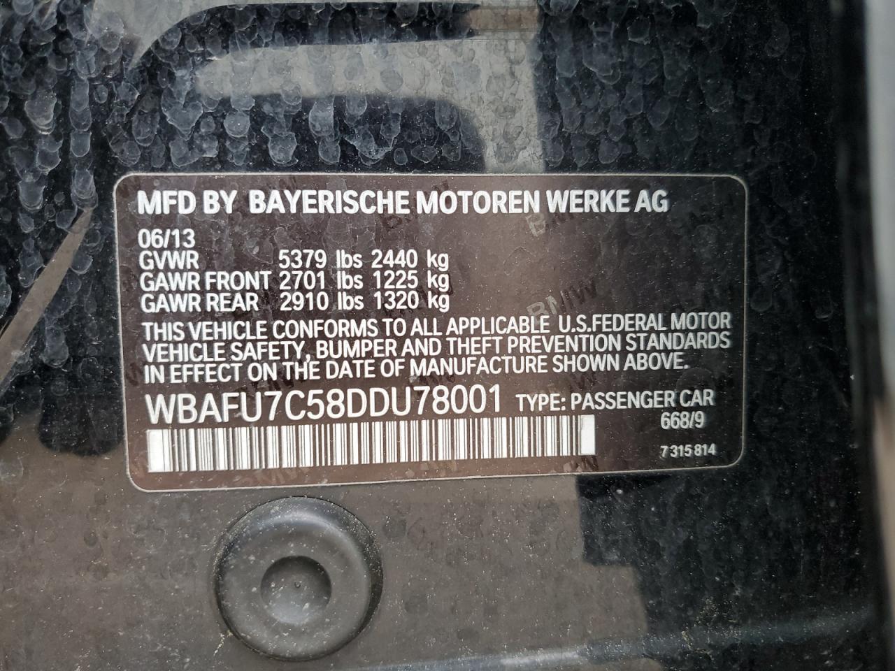 2013 BMW 535 Xi VIN: WBAFU7C58DDU78001 Lot: 59920574