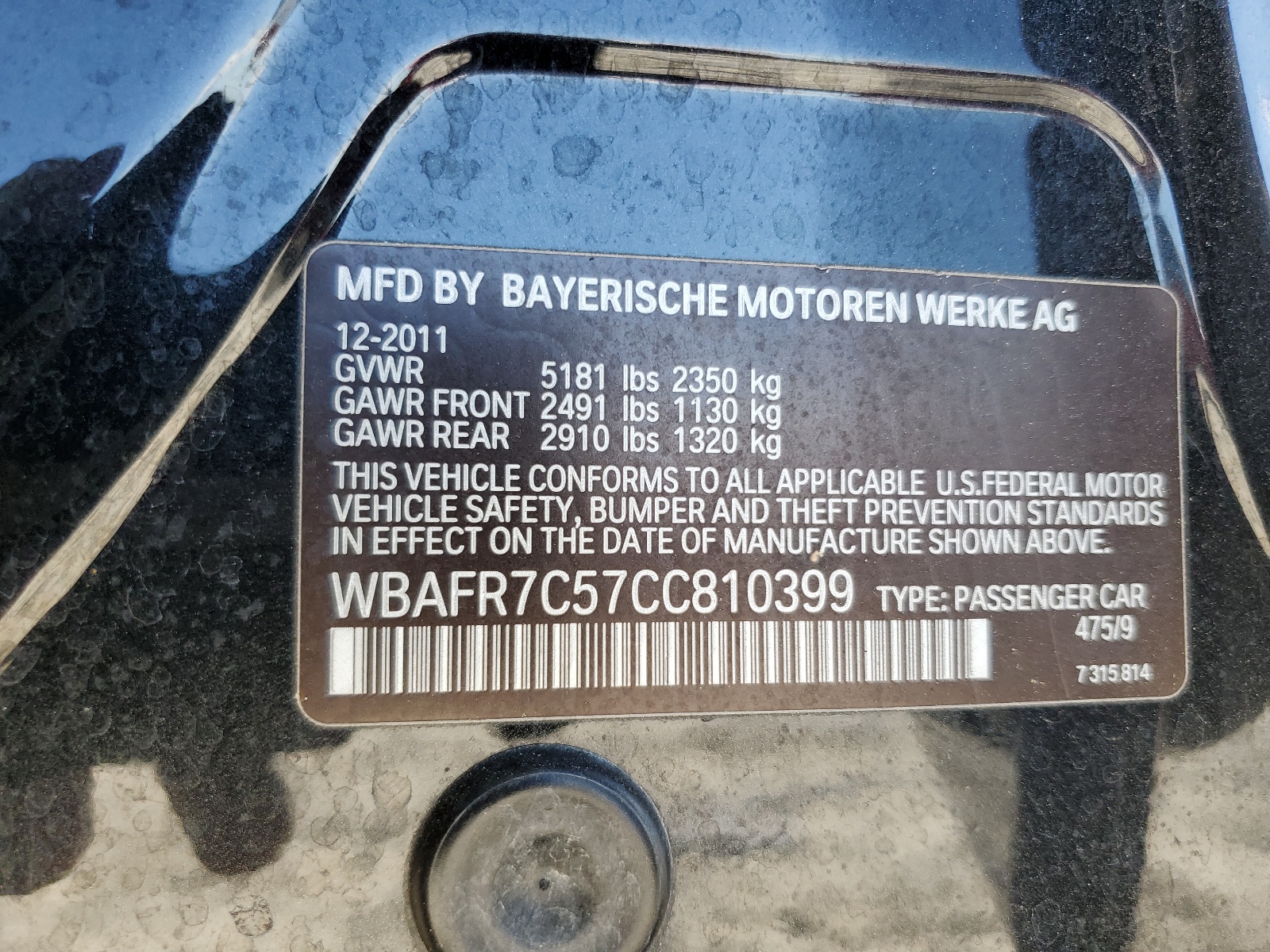 WBAFR7C57CC810399 2012 BMW 535 I