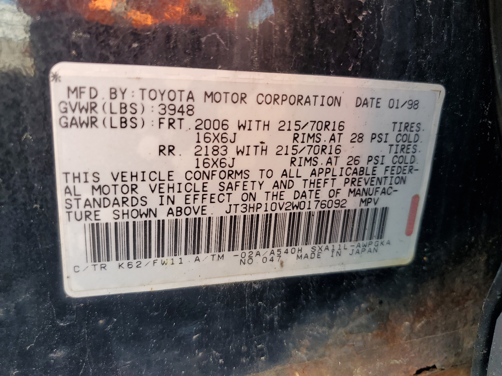 JT3HP10V2W0176092 1998 Toyota Rav4