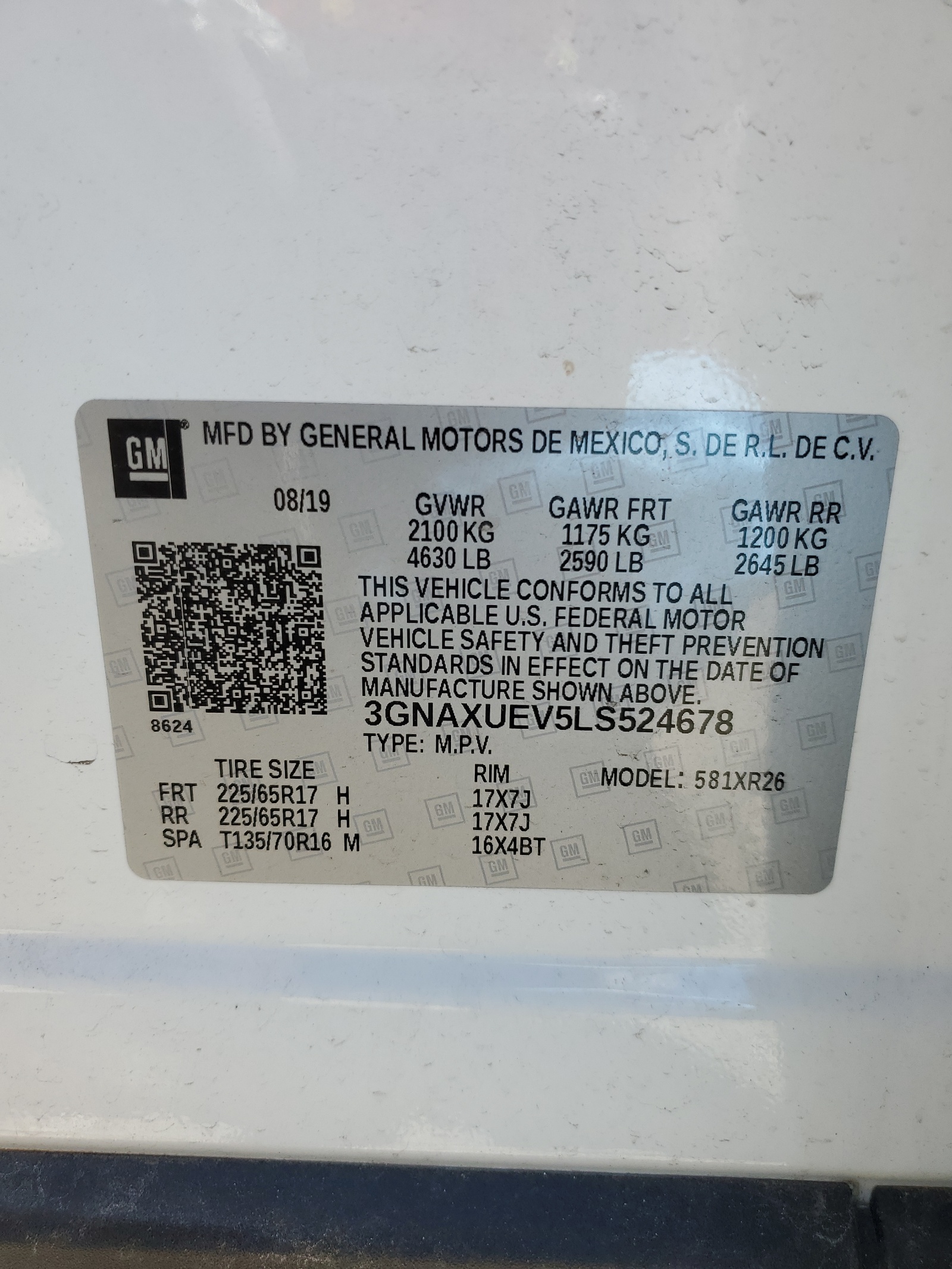 3GNAXUEV5LS524678 2020 Chevrolet Equinox Lt