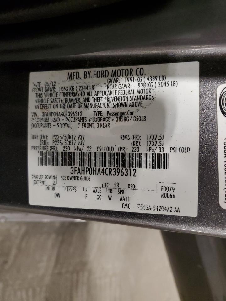 2012 Ford Fusion Se VIN: 3FAHP0HA4CR396312 Lot: 58126964