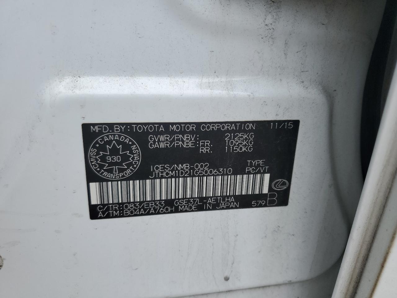 2016 Lexus Is 300 VIN: JTHCM1D21G5006310 Lot: 61367504