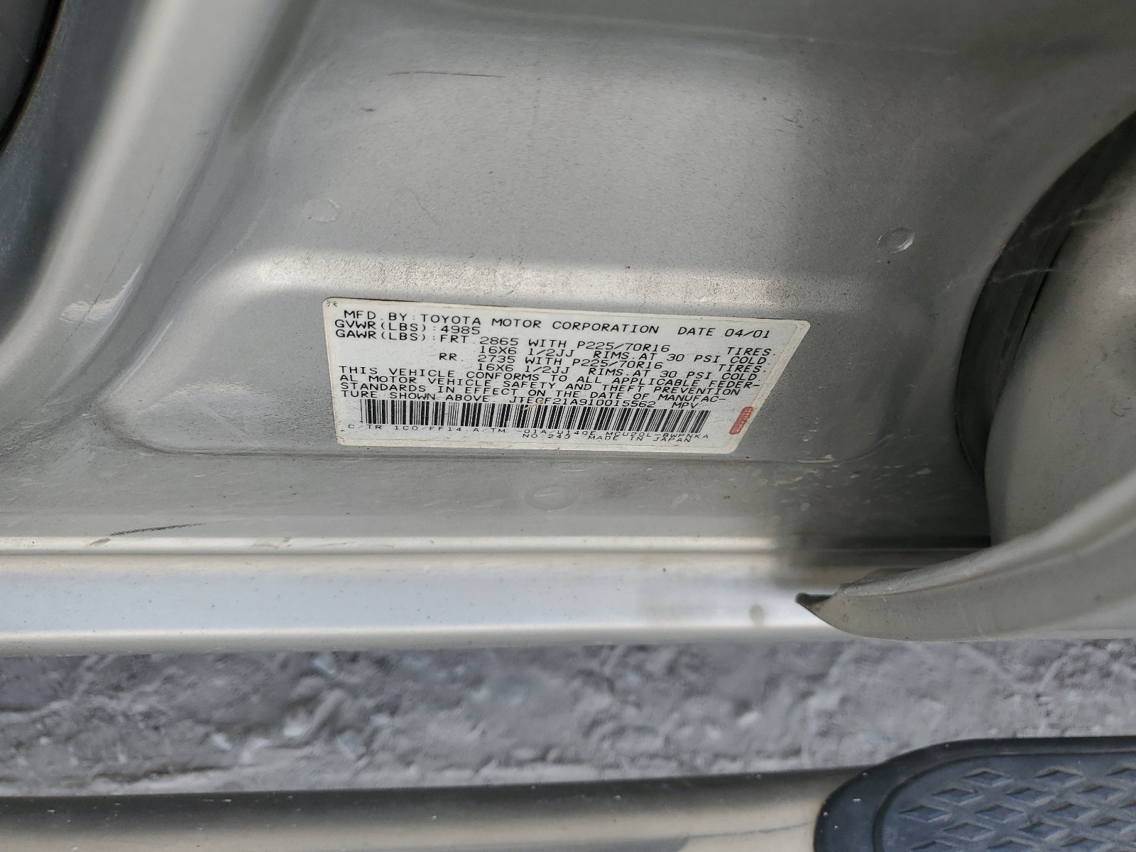 JTEGF21A910015562 2001 Toyota Highlander