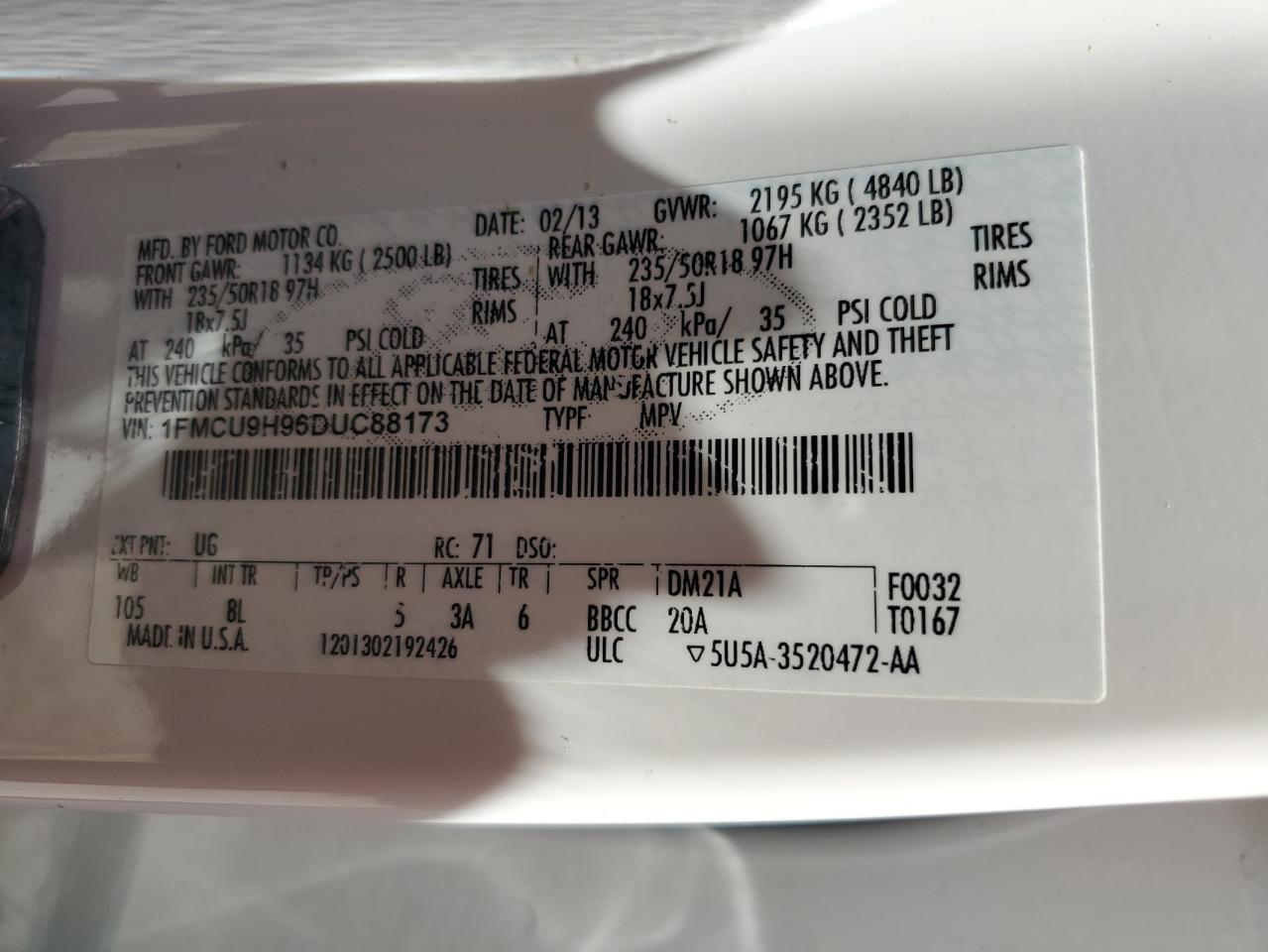 2013 Ford Escape Sel VIN: 1FMCU9H96DUC88173 Lot: 60943414