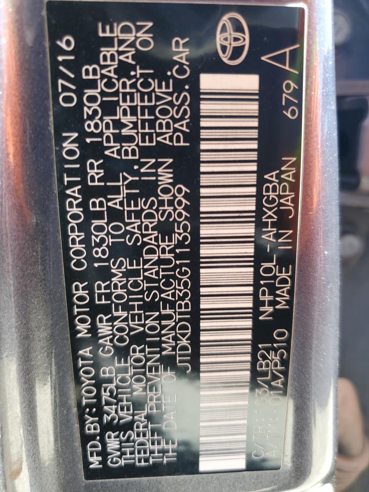 2016 Toyota Prius C VIN: JTDKDTB35G1135999 Lot: 61158904