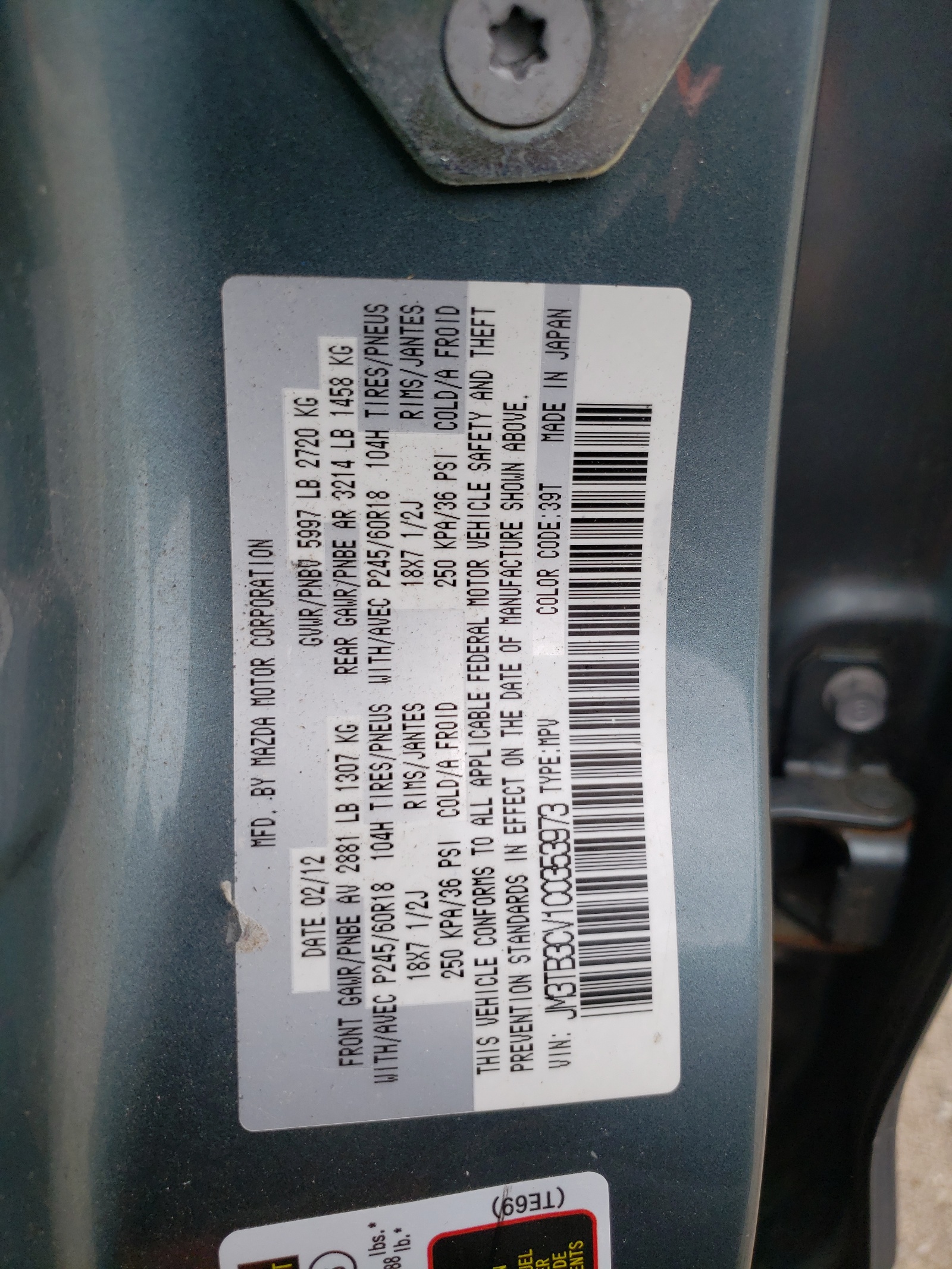 JM3TB3CV1C0353973 2012 Mazda Cx-9