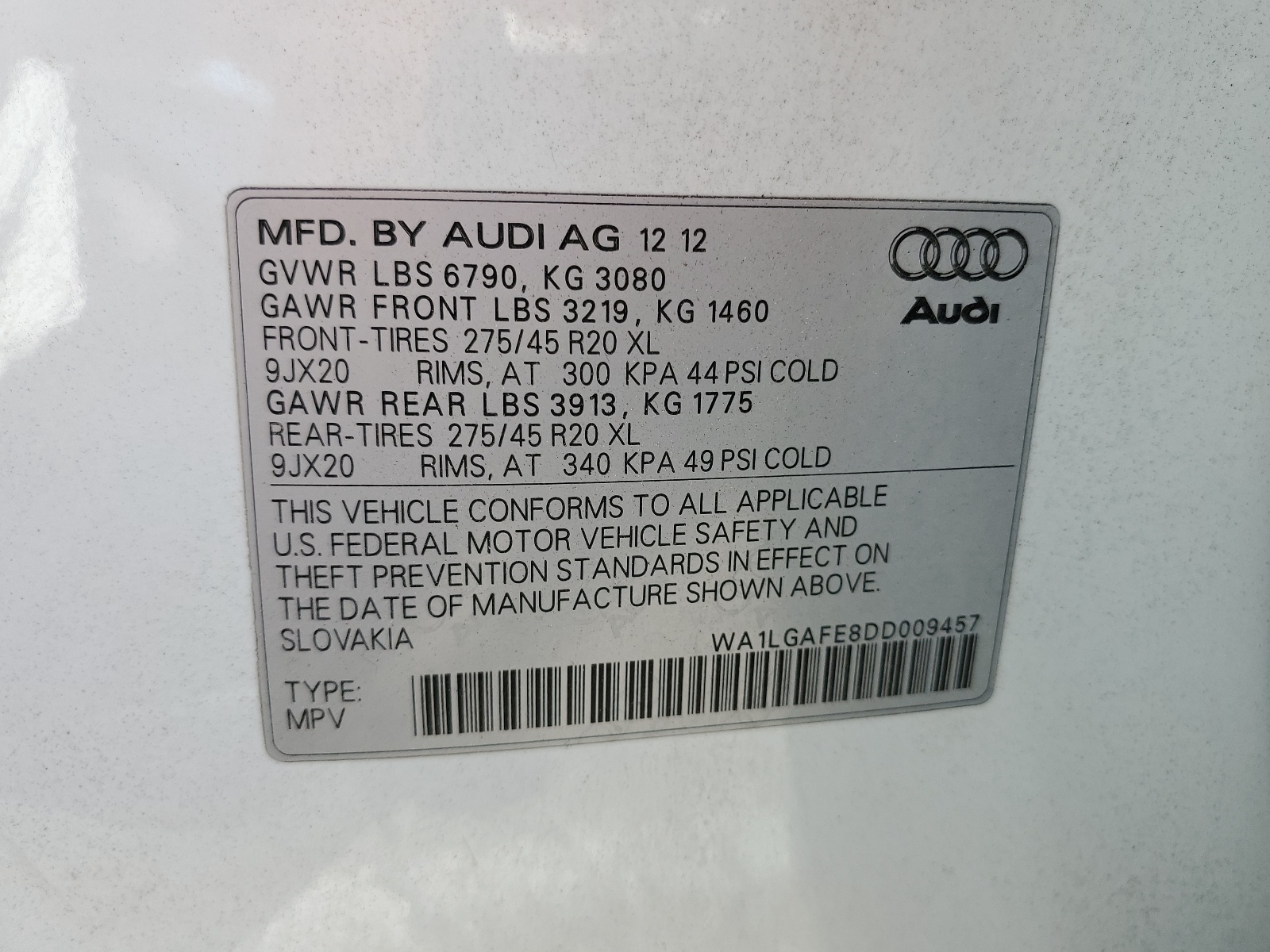 WA1LGAFE8DD009457 2013 Audi Q7 Premium Plus