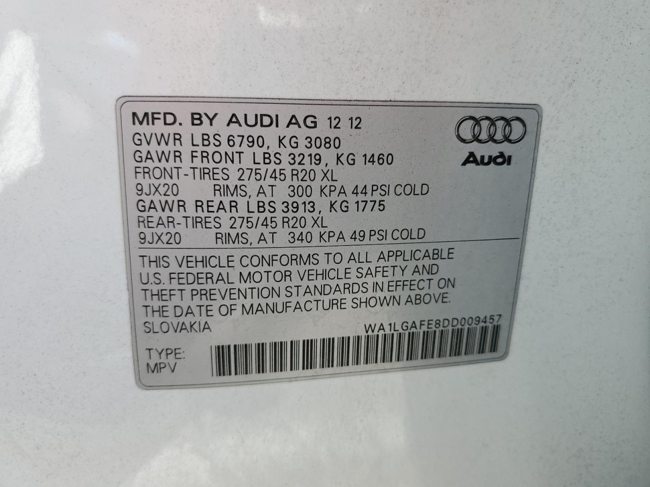 2013 Audi Q7 Premium Plus VIN: WA1LGAFE8DD009457 Lot: 60354254