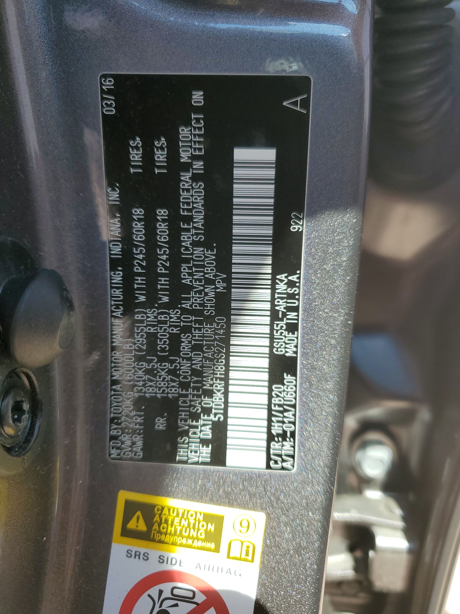 5TDBKRFH8GS271450 2016 Toyota Highlander Le