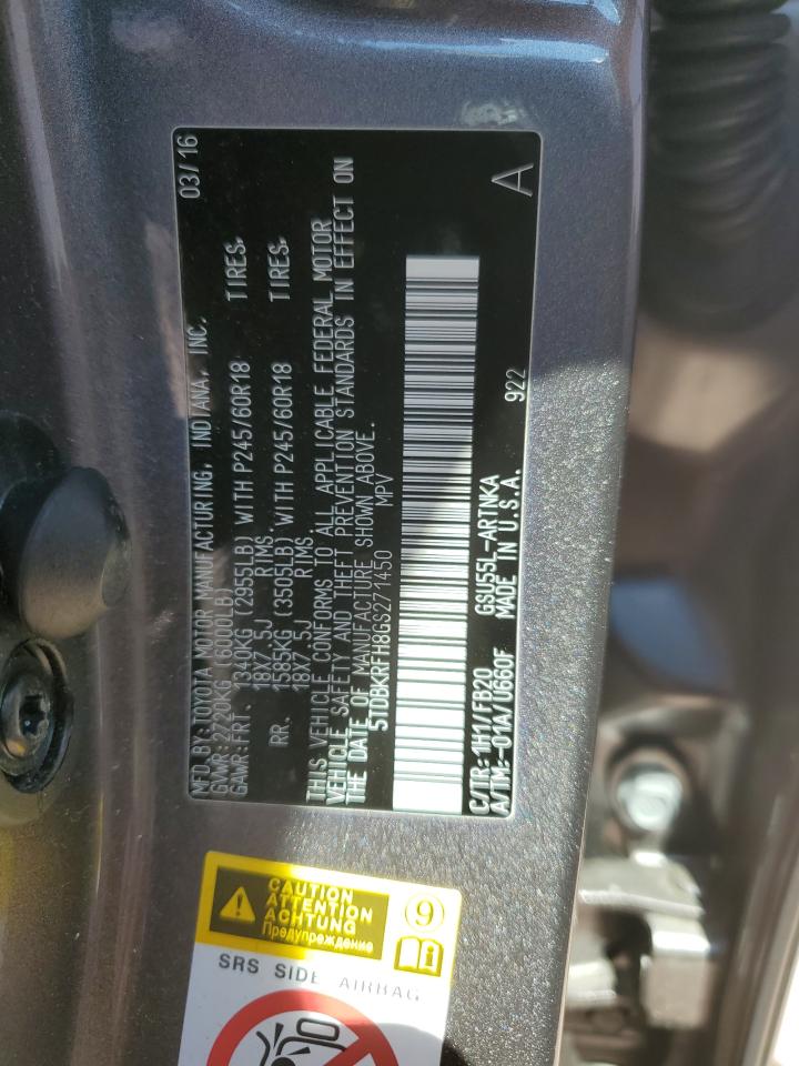 2016 Toyota Highlander Le VIN: 5TDBKRFH8GS271450 Lot: 57406524