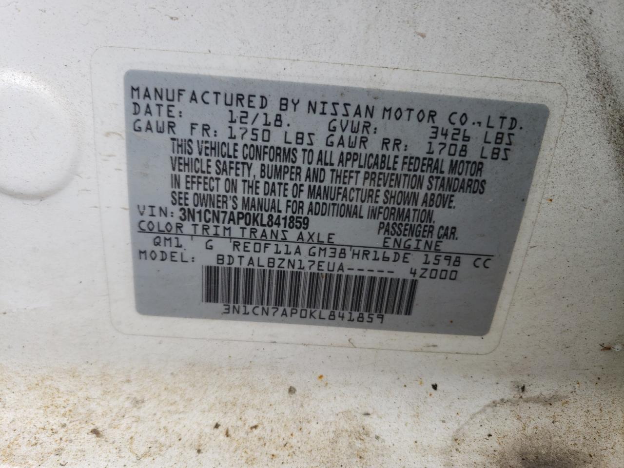 3N1CN7AP0KL841859 NISSAN VERSA 2019