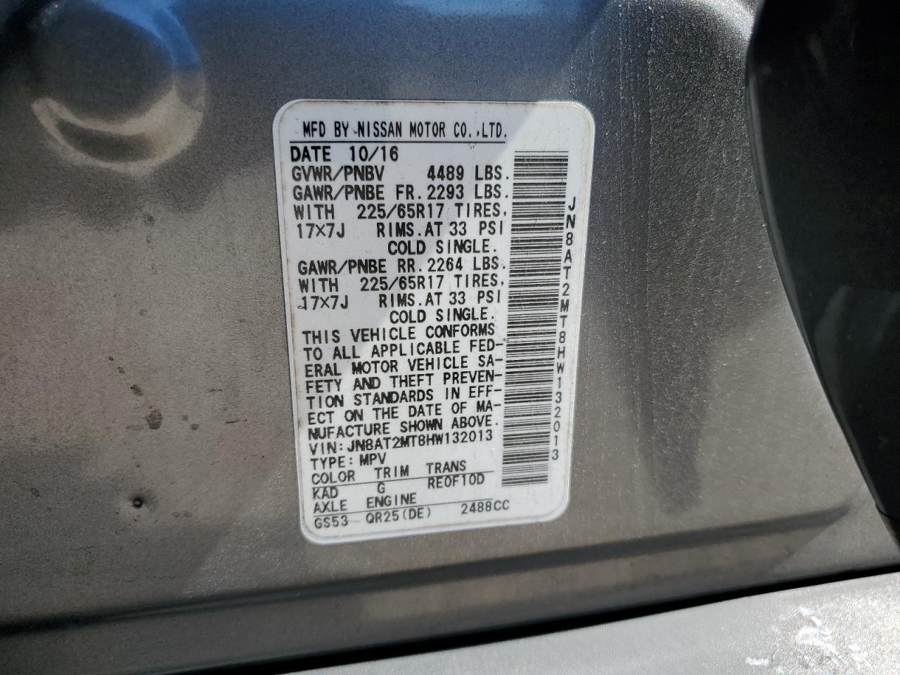 2017 Nissan Rogue S VIN: JN8AT2MT8HW132013 Lot: 57809734