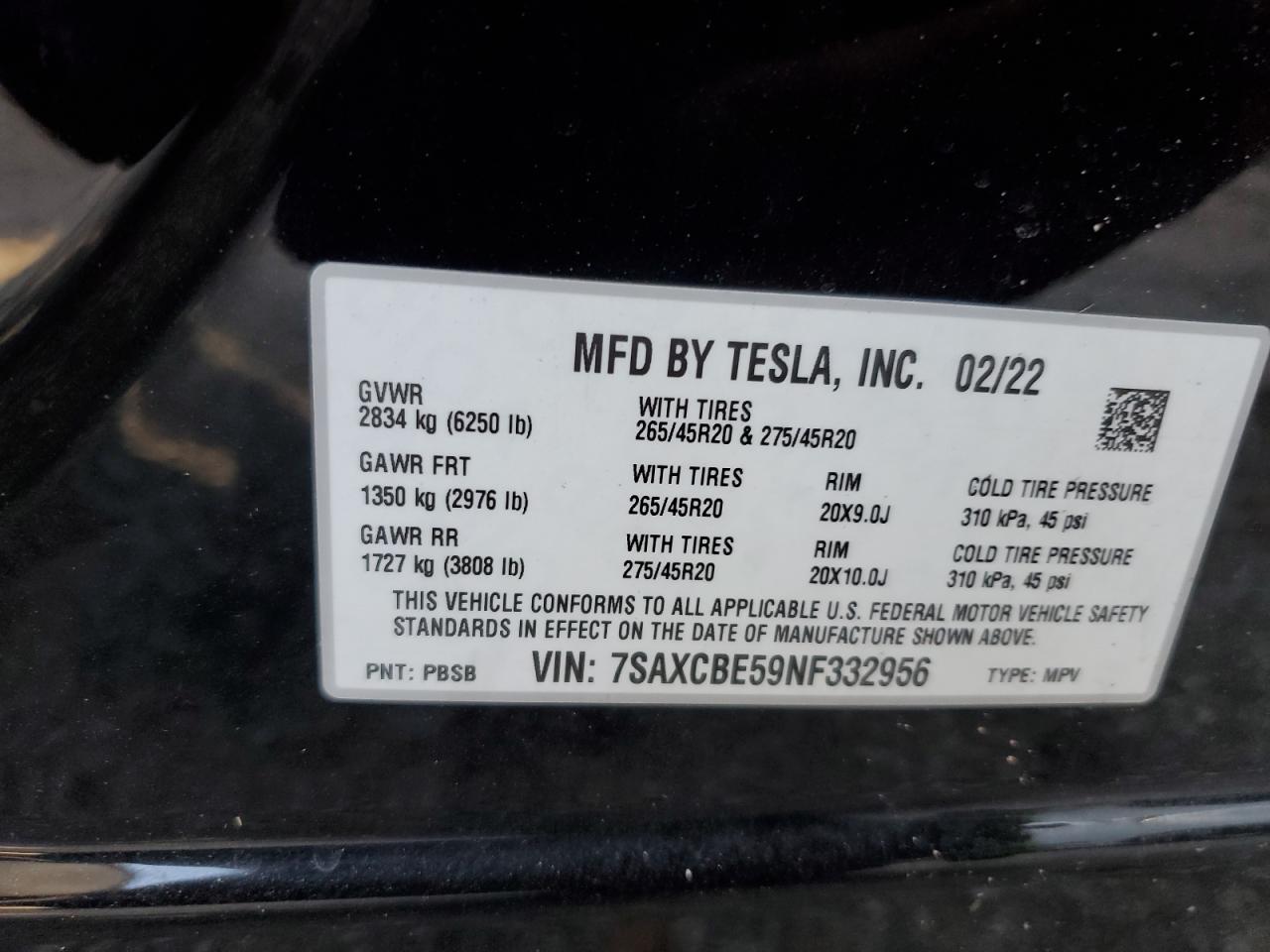 2022 Tesla Model X VIN: 7SAXCBE59NF332956 Lot: 60147424