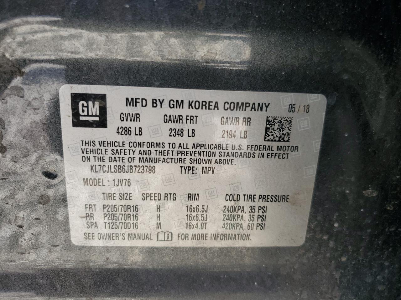 2018 Chevrolet Trax 1Lt VIN: KL7CJLSB6JB723798 Lot: 60399184