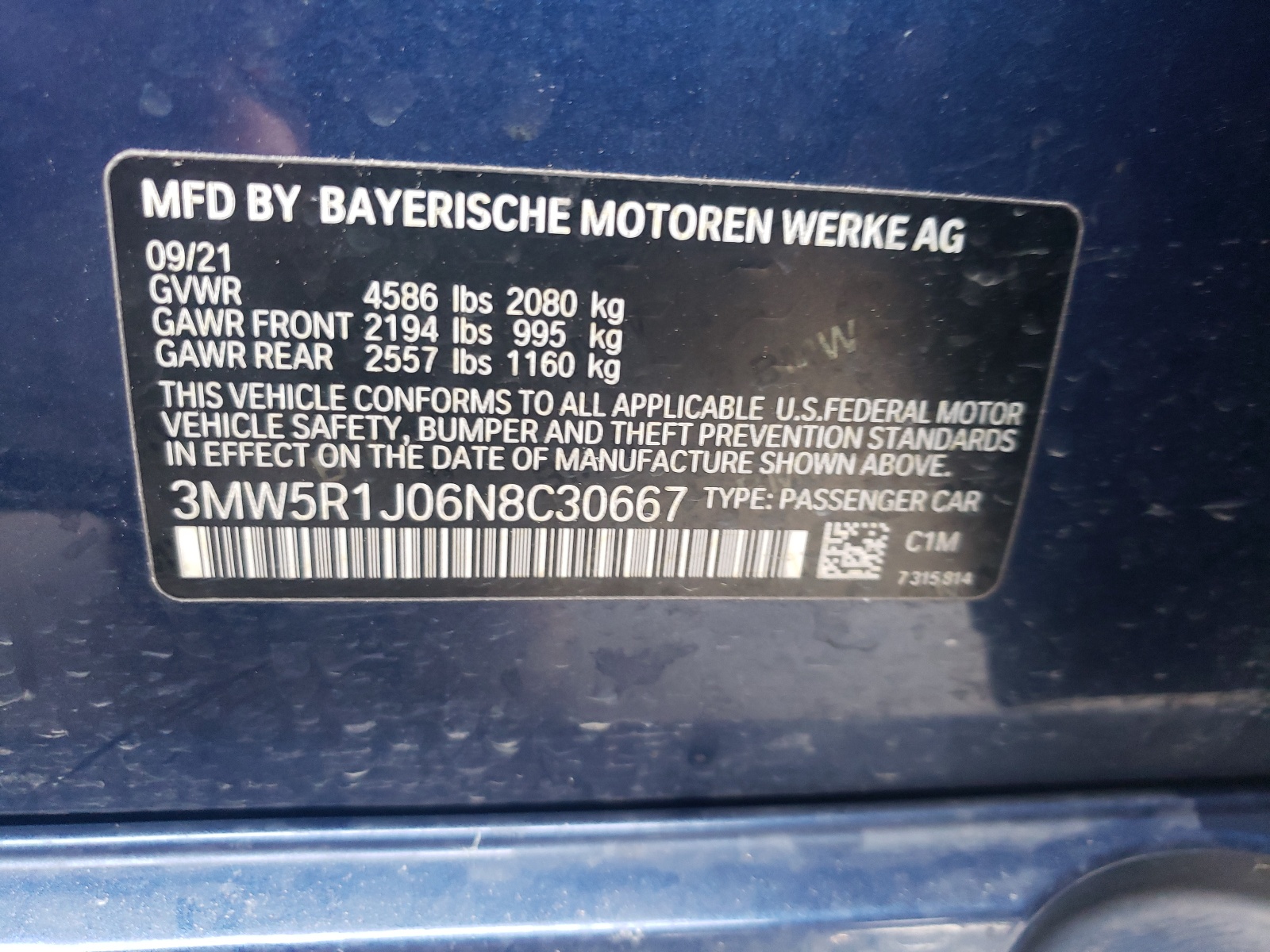 3MW5R1J06N8C30667 2022 BMW 330I