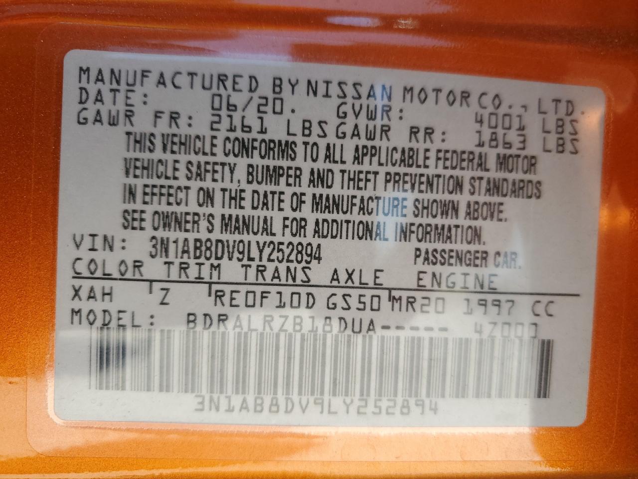 2020 Nissan Sentra Sr VIN: 3N1AB8DV9LY252894 Lot: 59350874