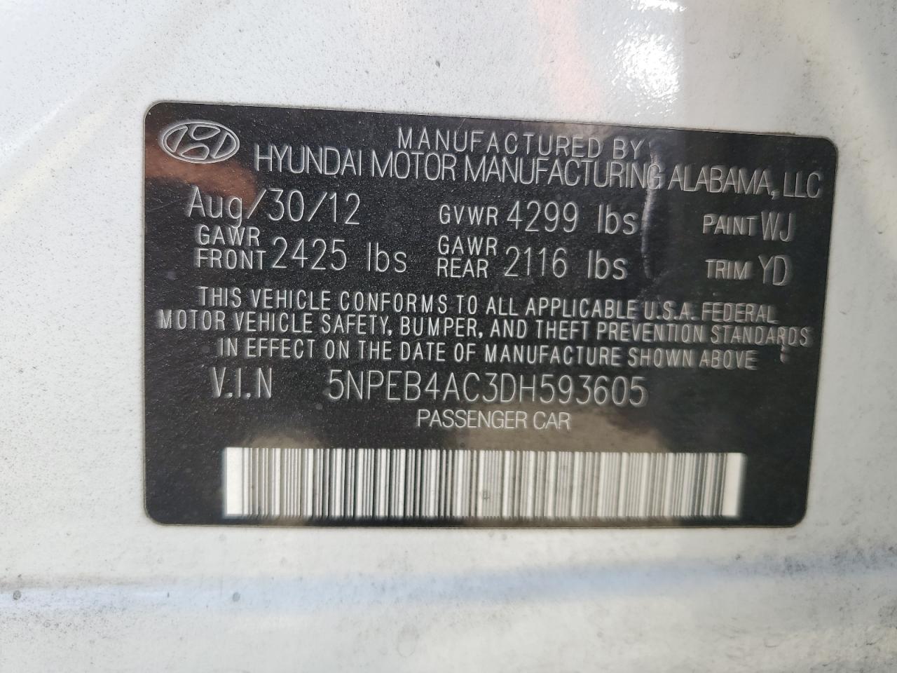 2013 Hyundai Sonata Gls VIN: 5NPEB4AC3DH593605 Lot: 61141314