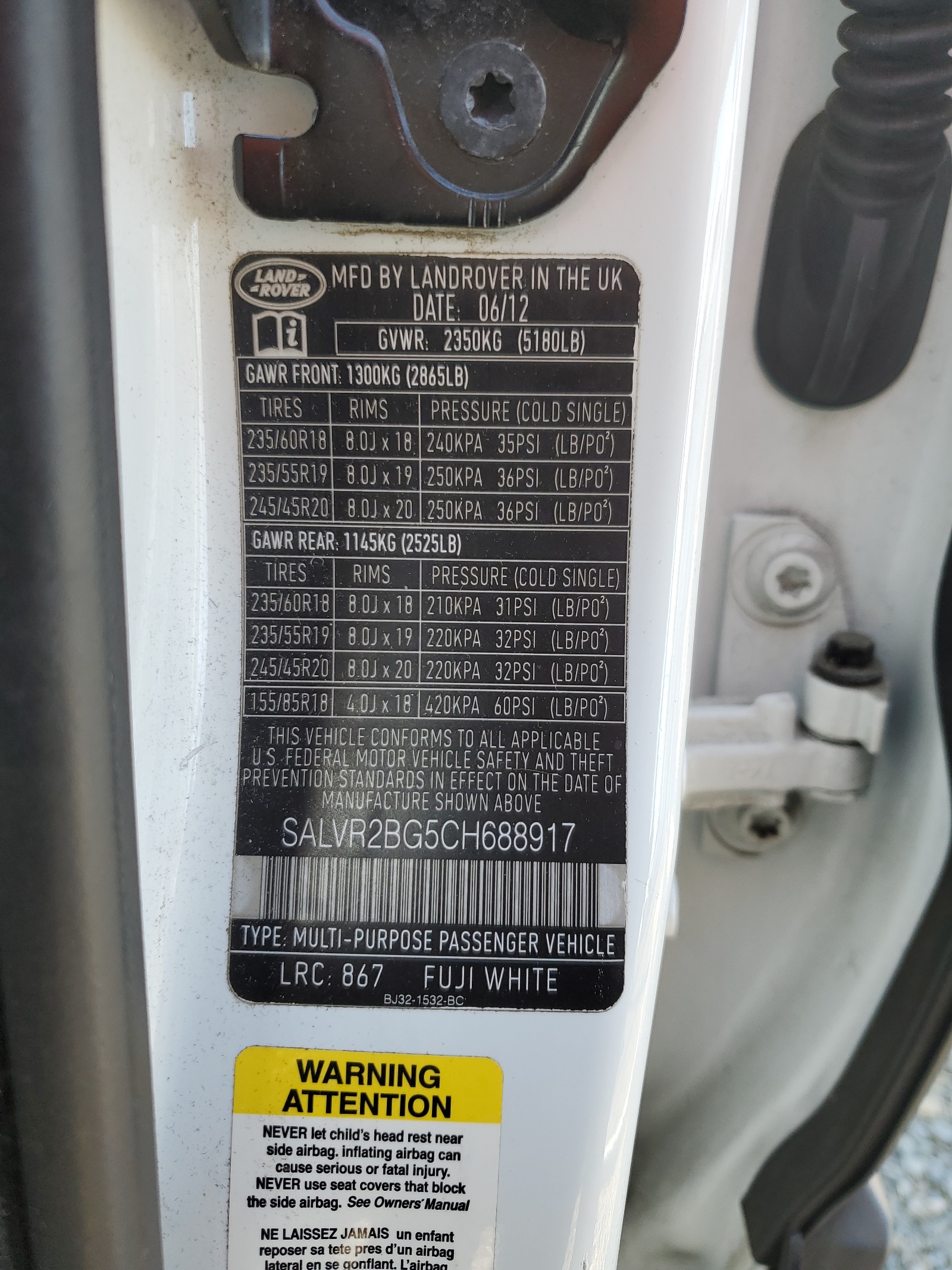 SALVR2BG5CH688917 2012 Land Rover Range Rover Evoque Pure Premium