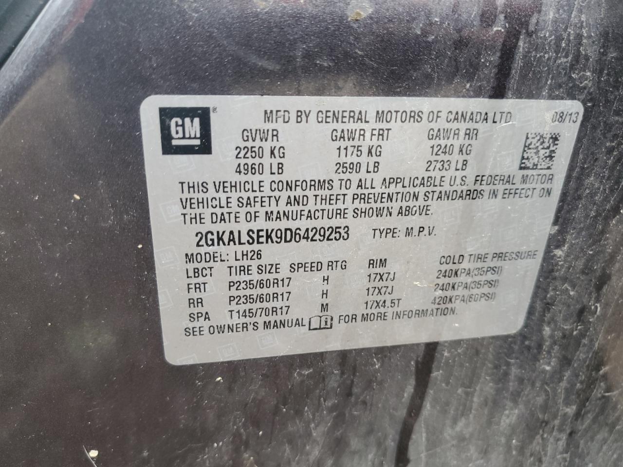 2013 GMC Terrain Sle VIN: 2GKALSEK9D6429253 Lot: 60501814