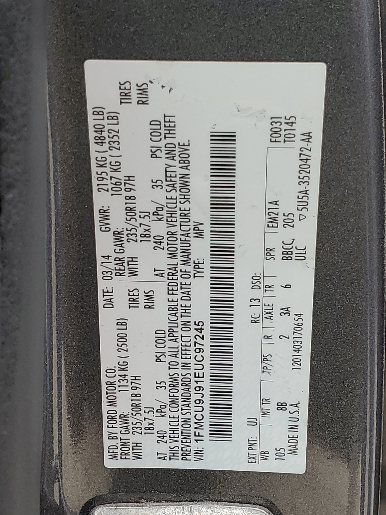 1FMCU9J91EUC97245 2014 Ford Escape Titanium