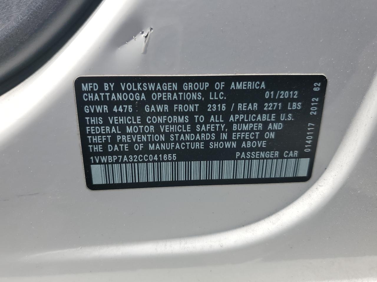 2012 Volkswagen Passat Se VIN: 1VWBP7A32CC041655 Lot: 58925314