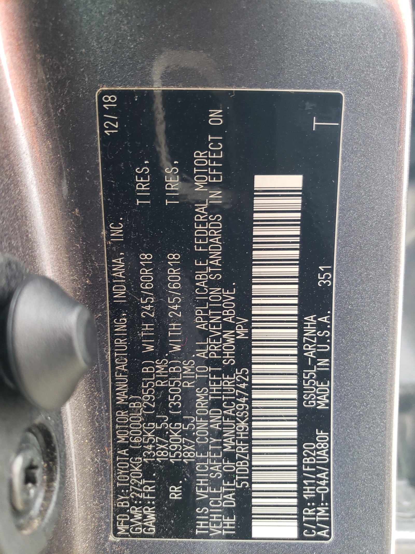 5TDBZRFH9KS947425 2019 Toyota Highlander Le