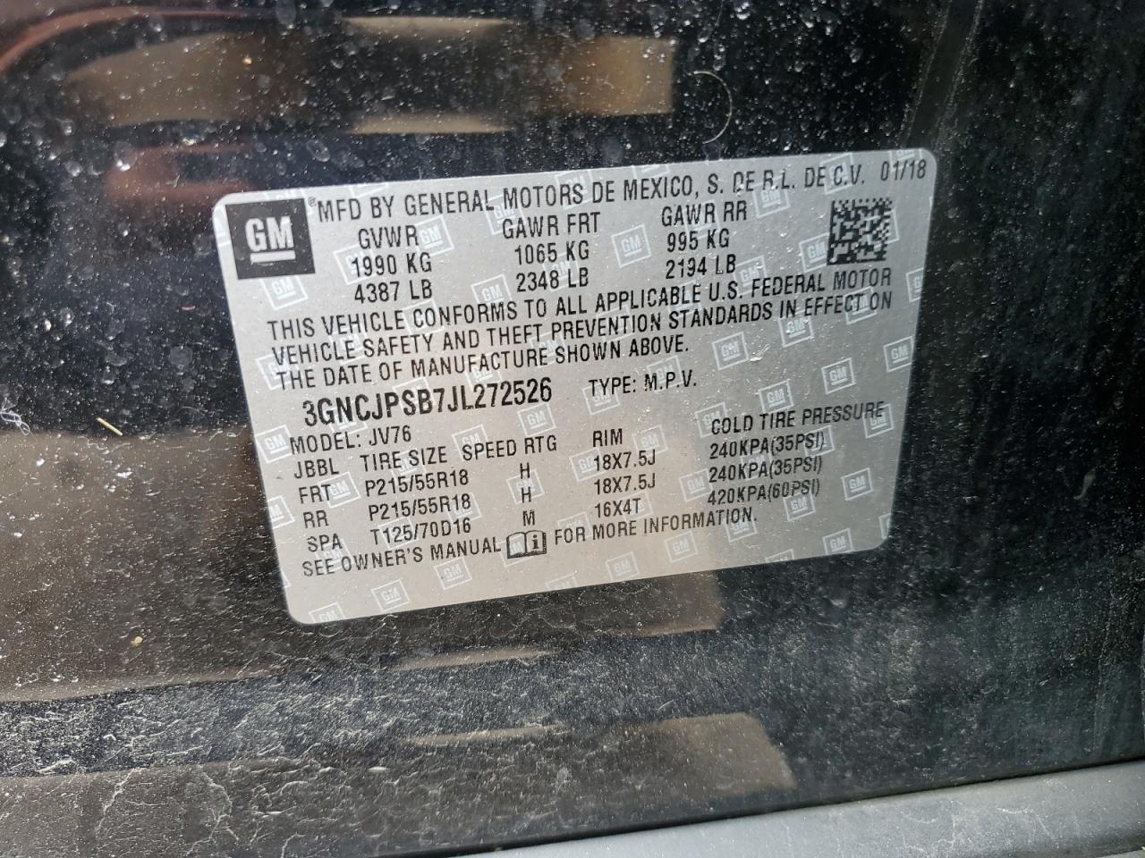 2018 Chevrolet Trax 1Lt VIN: 3GNCJPSB7JL272526 Lot: 58546954