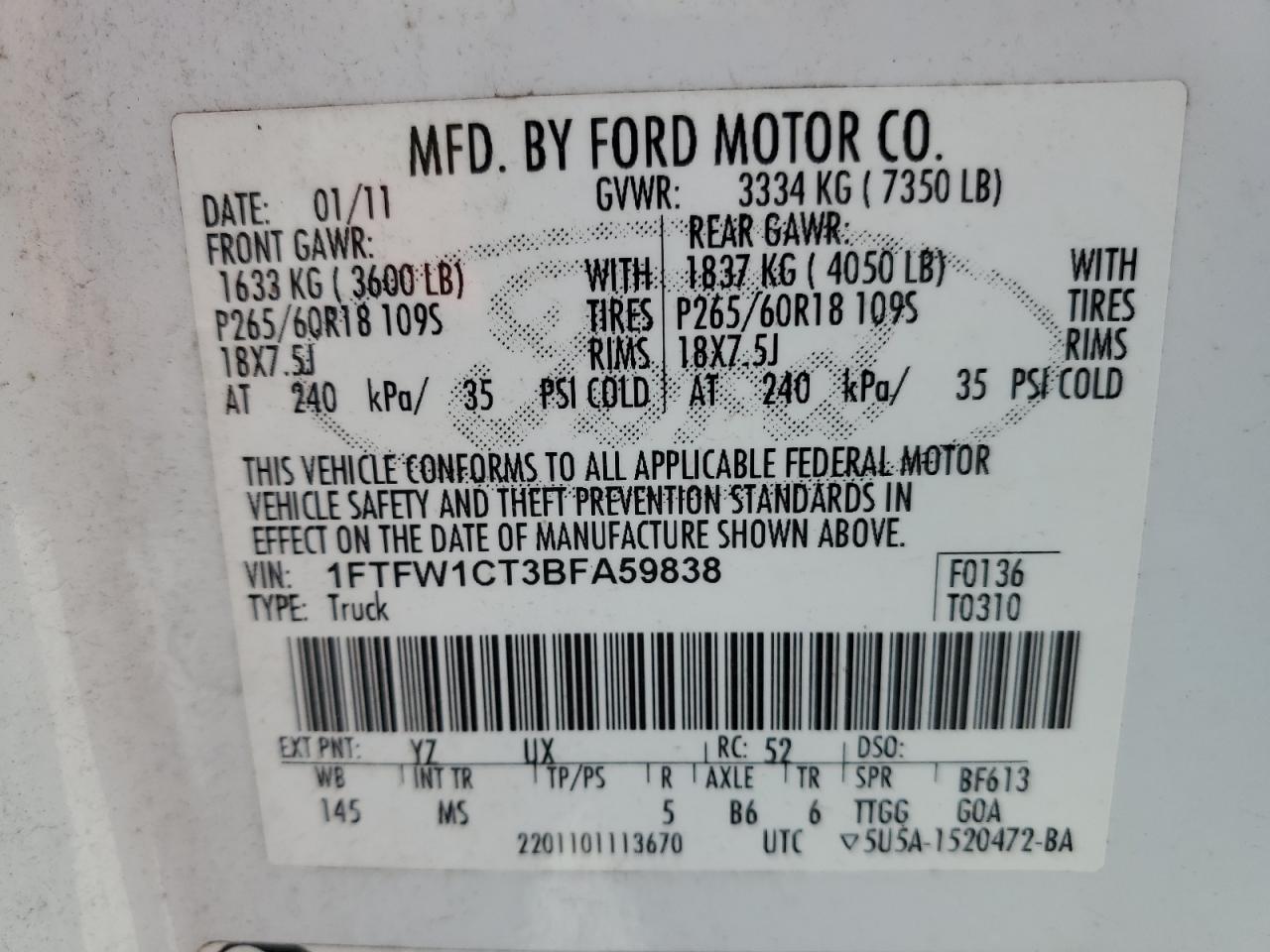 2011 Ford F150 Supercrew VIN: 1FTFW1CT3BFA59838 Lot: 61255714