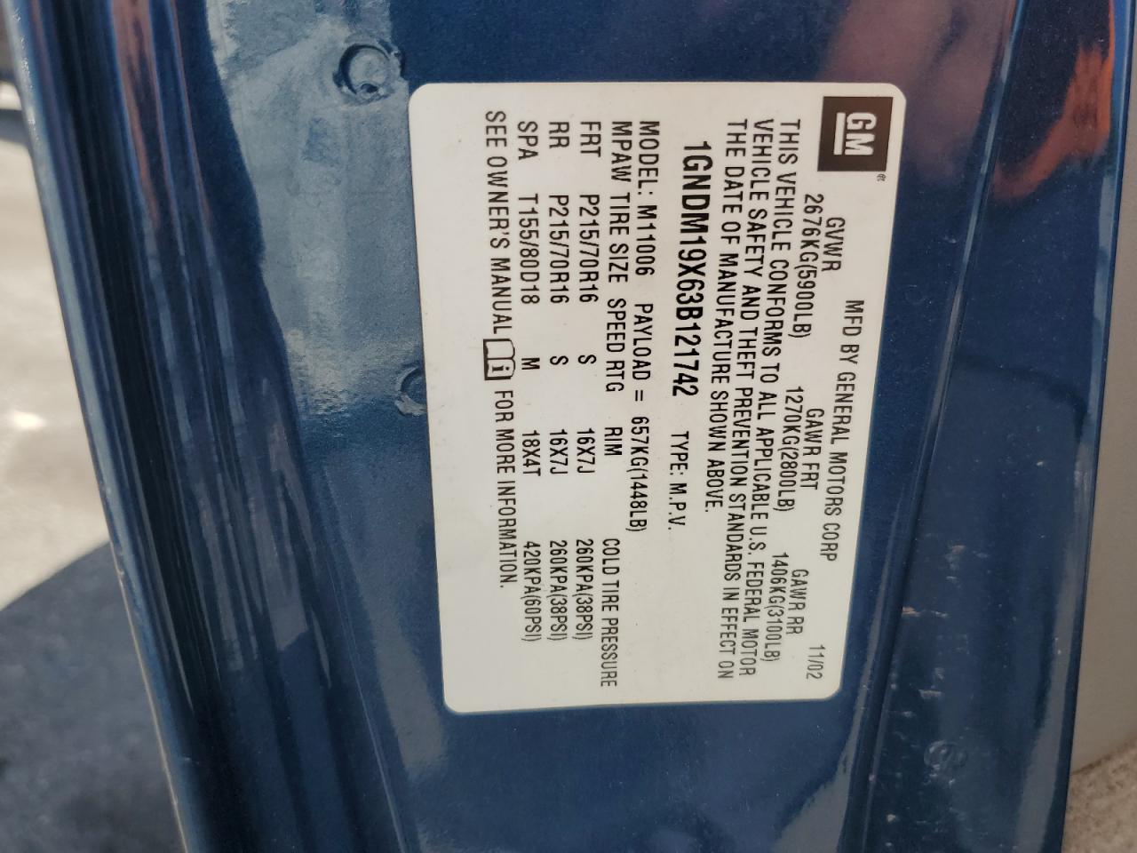 2003 Chevrolet Astro VIN: 1GNDM19X63B121742 Lot: 60883944