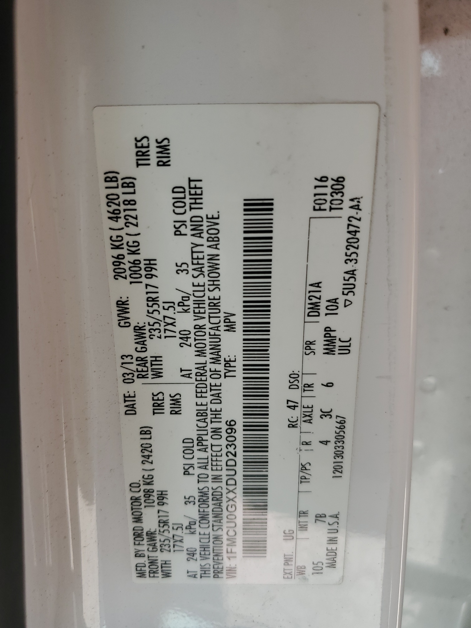 1FMCU0GXXDUD23096 2013 Ford Escape Se