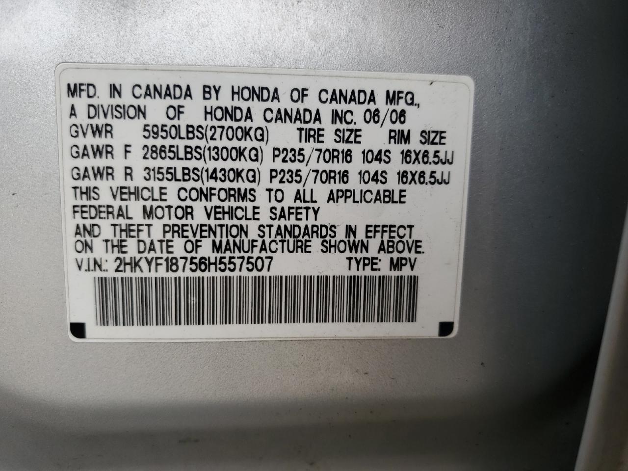 2006 Honda Pilot Ex VIN: 2HKYF18756H557507 Lot: 59026464