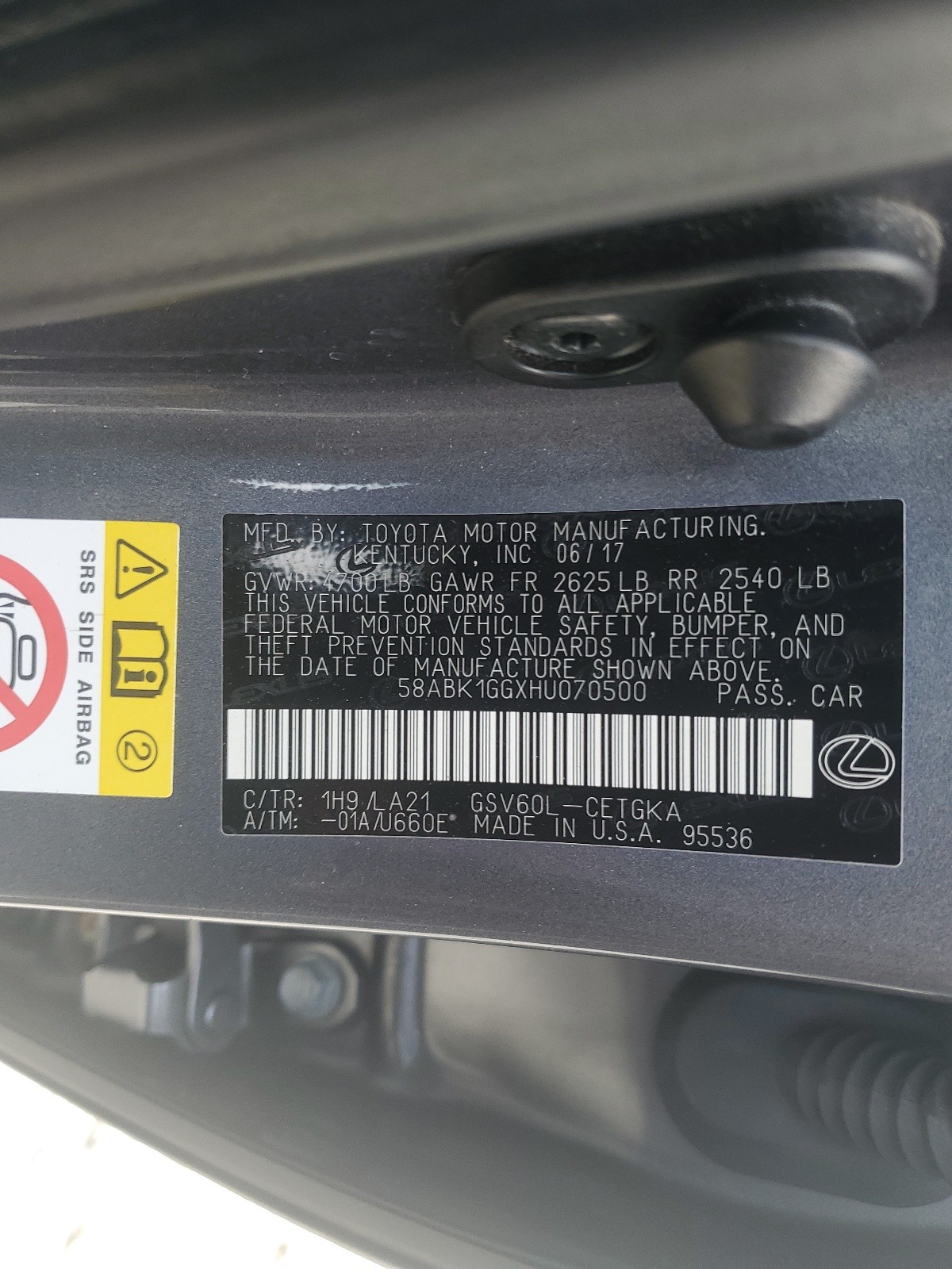 58ABK1GGXHU070500 2017 Lexus Es 350