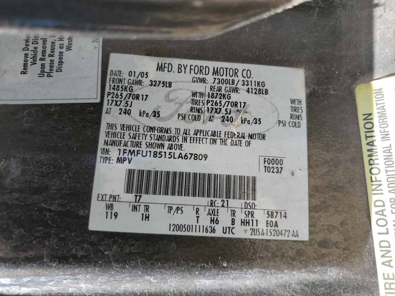 2005 Ford Expedition Eddie Bauer VIN: 1FMFU18515LA67809 Lot: 58729414