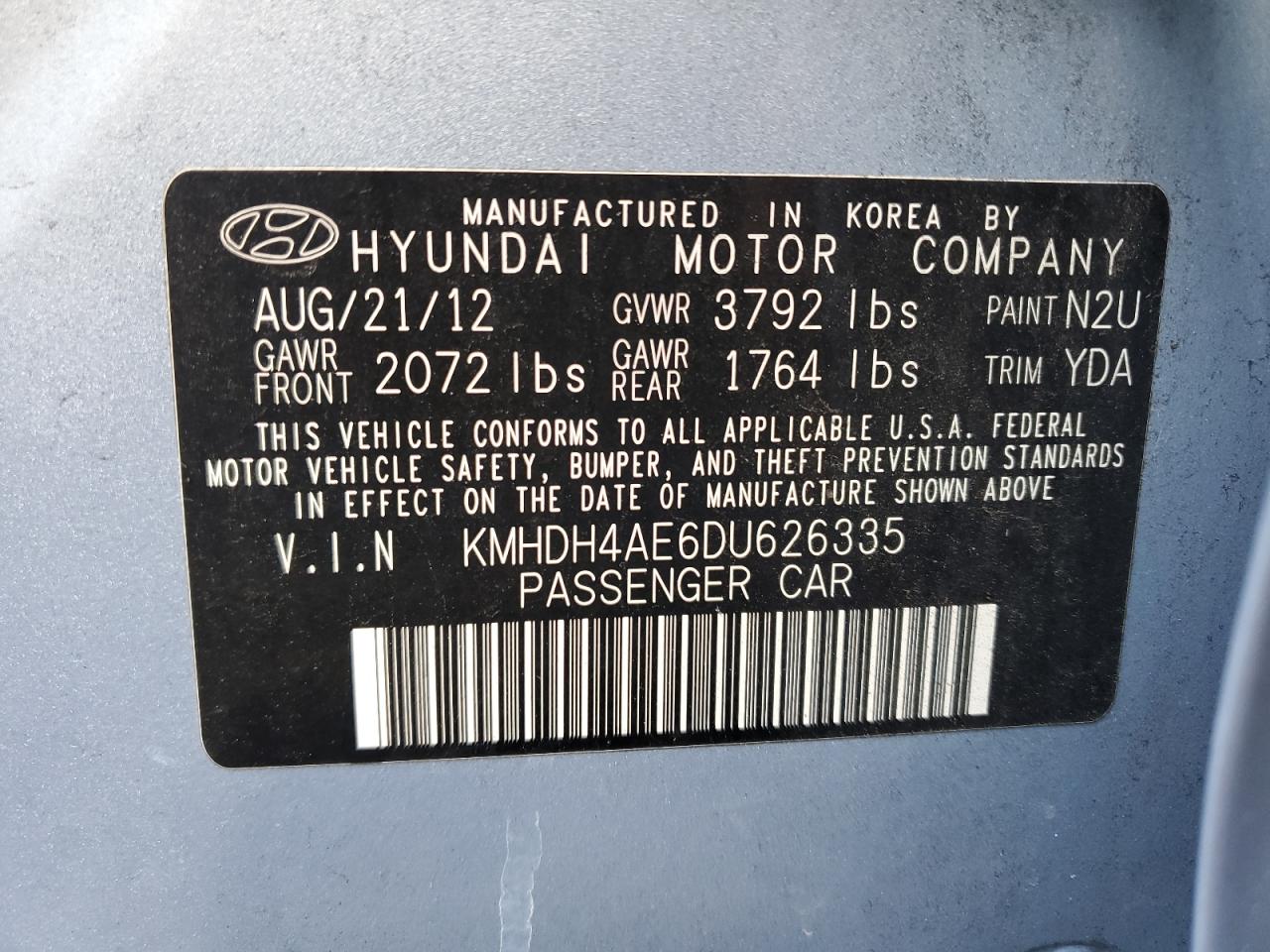 KMHDH4AE6DU626335 2013 Hyundai Elantra Gls