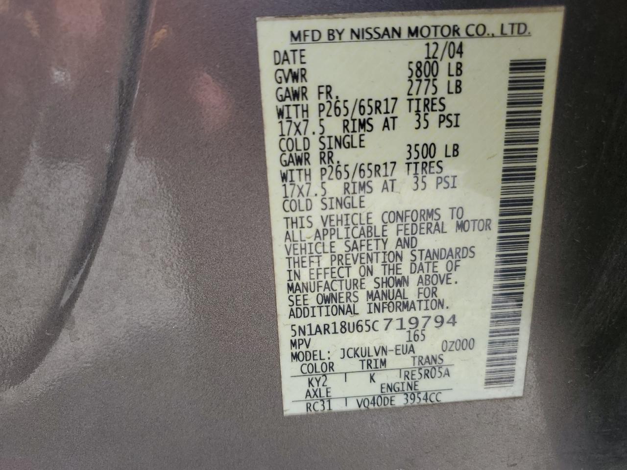 2005 Nissan Pathfinder Le VIN: 5N1AR18U65C719794 Lot: 58938694