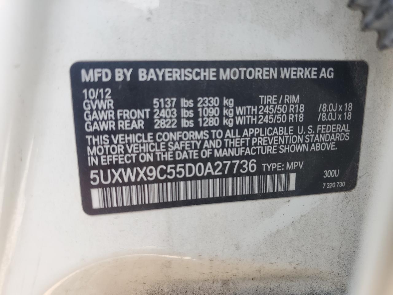 2013 BMW X3 xDrive28I VIN: 5UXWX9C55D0A27736 Lot: 60306674