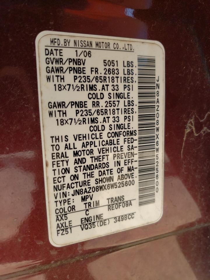 2006 Nissan Murano Sl VIN: JN8AZ08WX6W525600 Lot: 57400364