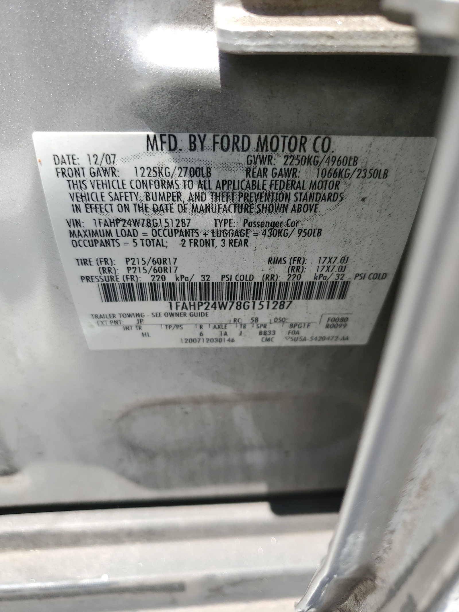 1FAHP24W78G151287 2008 Ford Taurus Sel