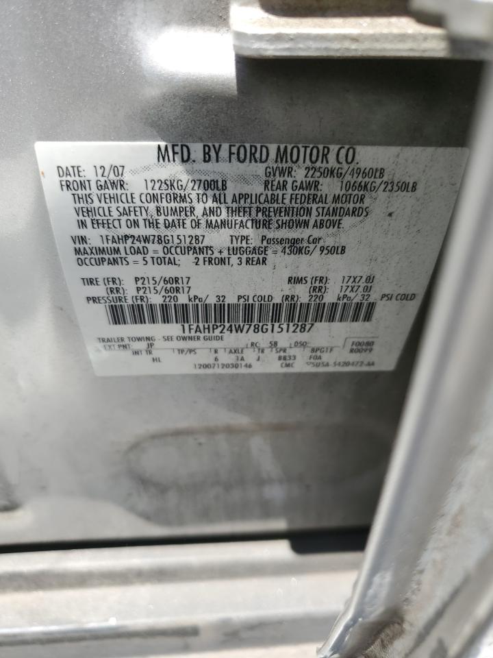 2008 Ford Taurus Sel VIN: 1FAHP24W78G151287 Lot: 59470454