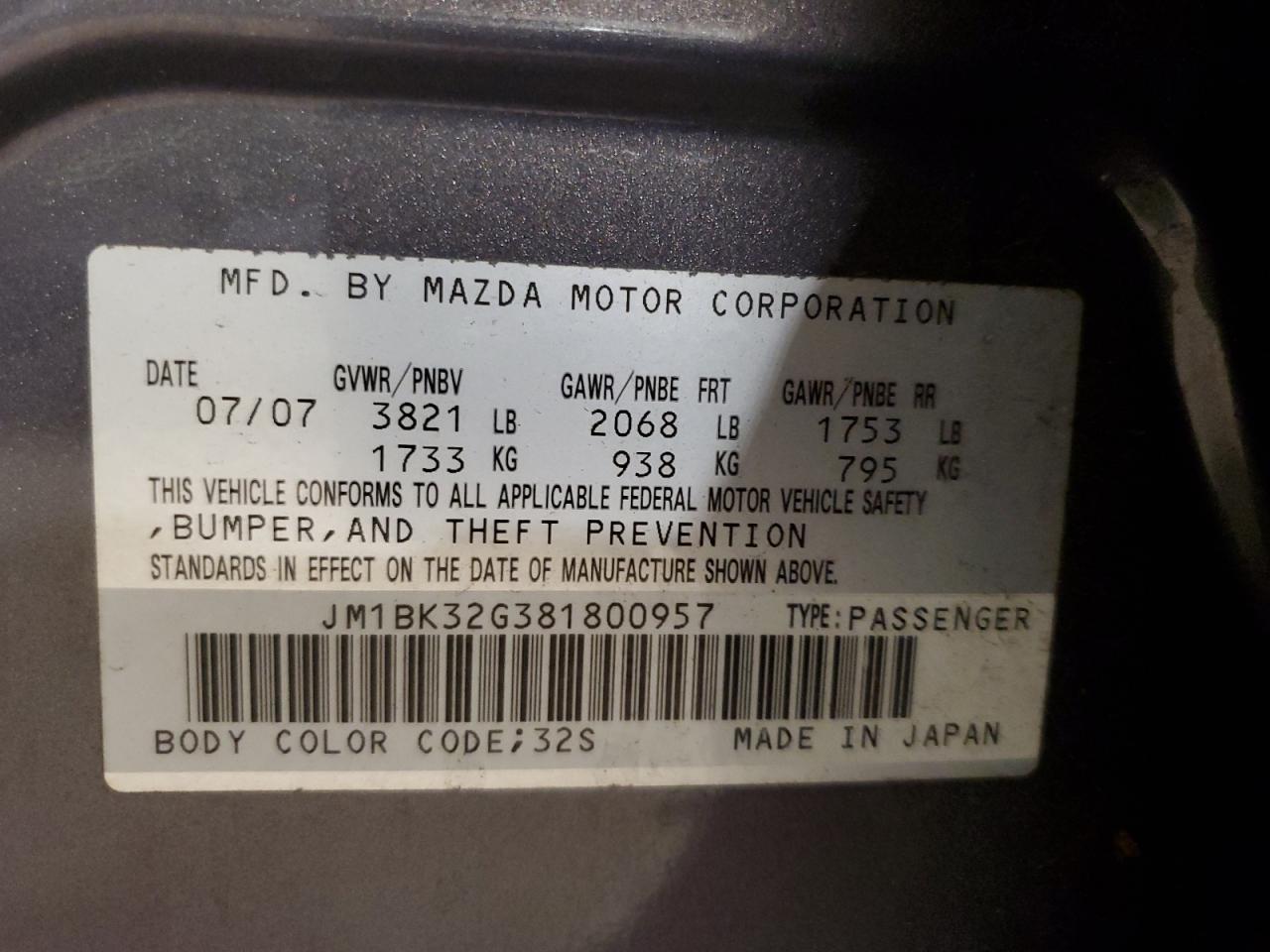 2008 Mazda 3 I VIN: JM1BK32G381800957 Lot: 57024924