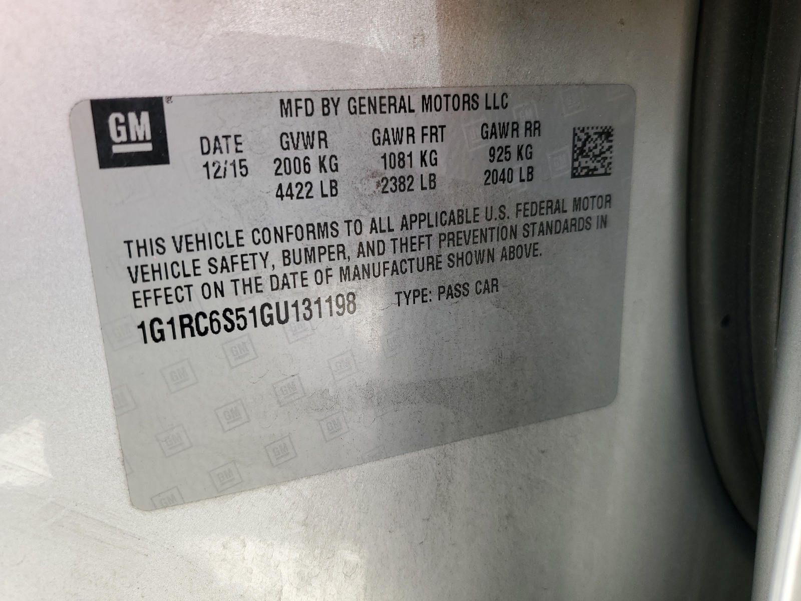 1G1RC6S51GU131198 2016 Chevrolet Volt Lt