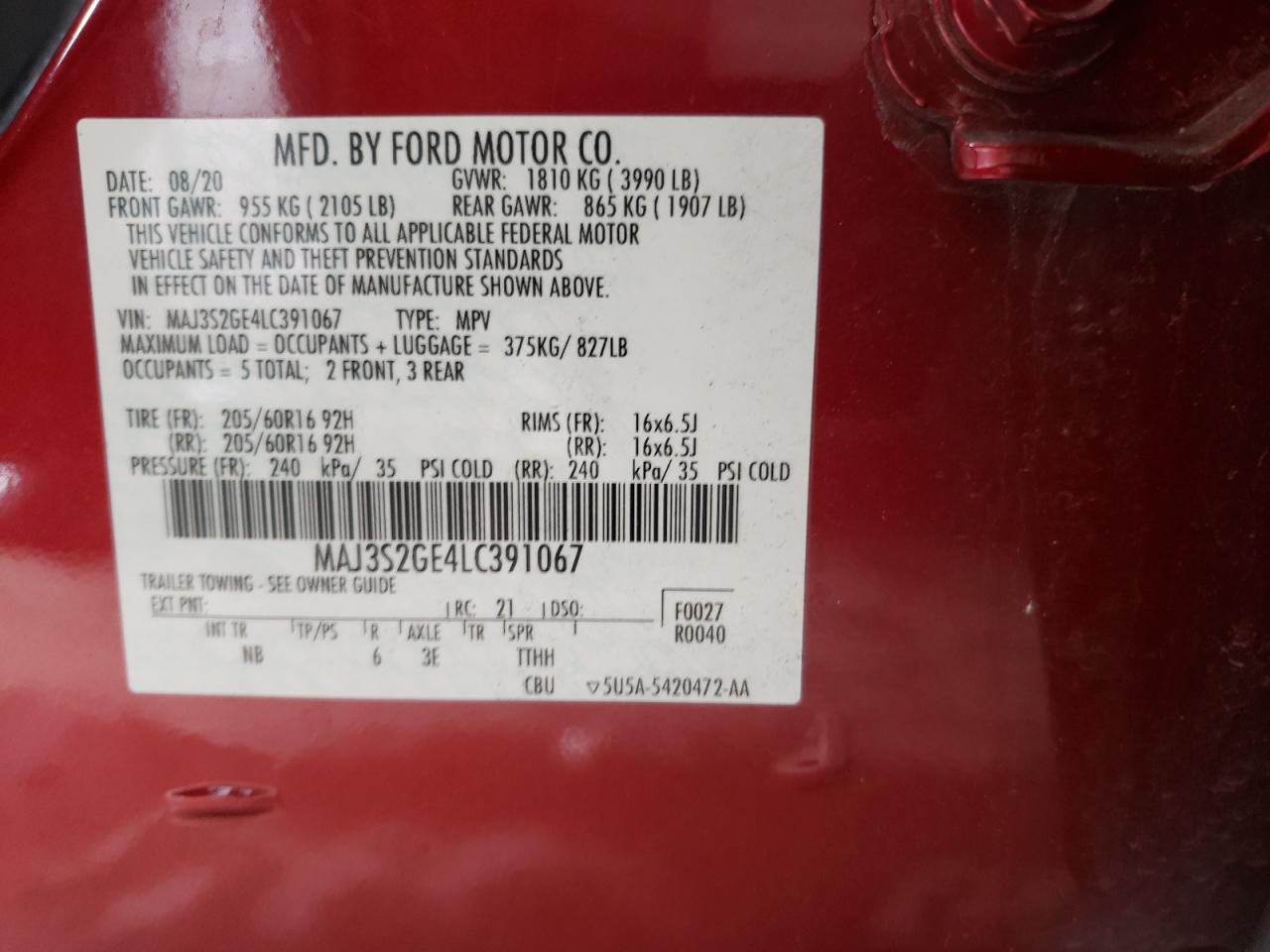 2020 Ford Ecosport Se VIN: MAJ3S2GE4LC391067 Lot: 60677454